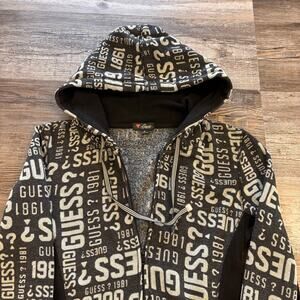 Vintage Y2K Guess Black Gray Womens M Full Zip Hooded Fleece Logo Sweatshirt AOP